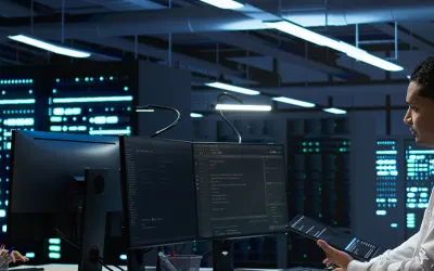 Dos ingenieros mostrando la labor que hace un administrador de sistemas