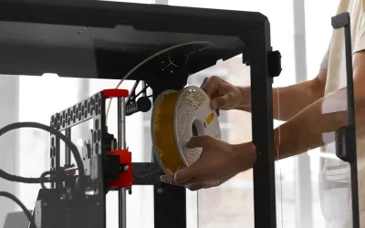 Técnico cargando filamento en una impresora 3D