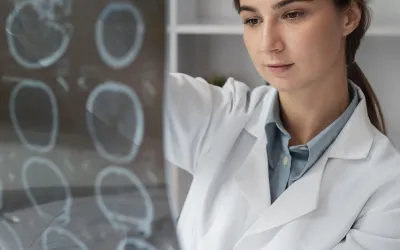 Neuróloga revisando una resonancia magnética cerebral