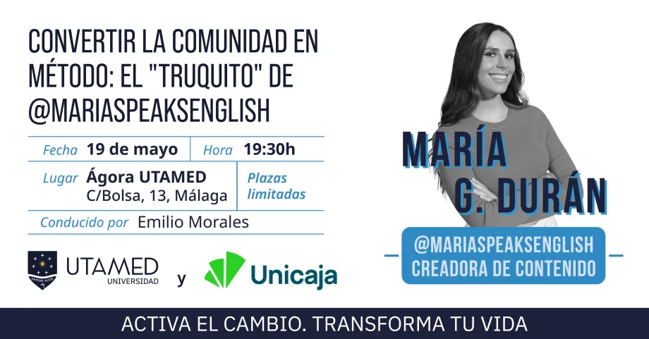 Invitación del evento en Ágora UTAMED de María Speaks English