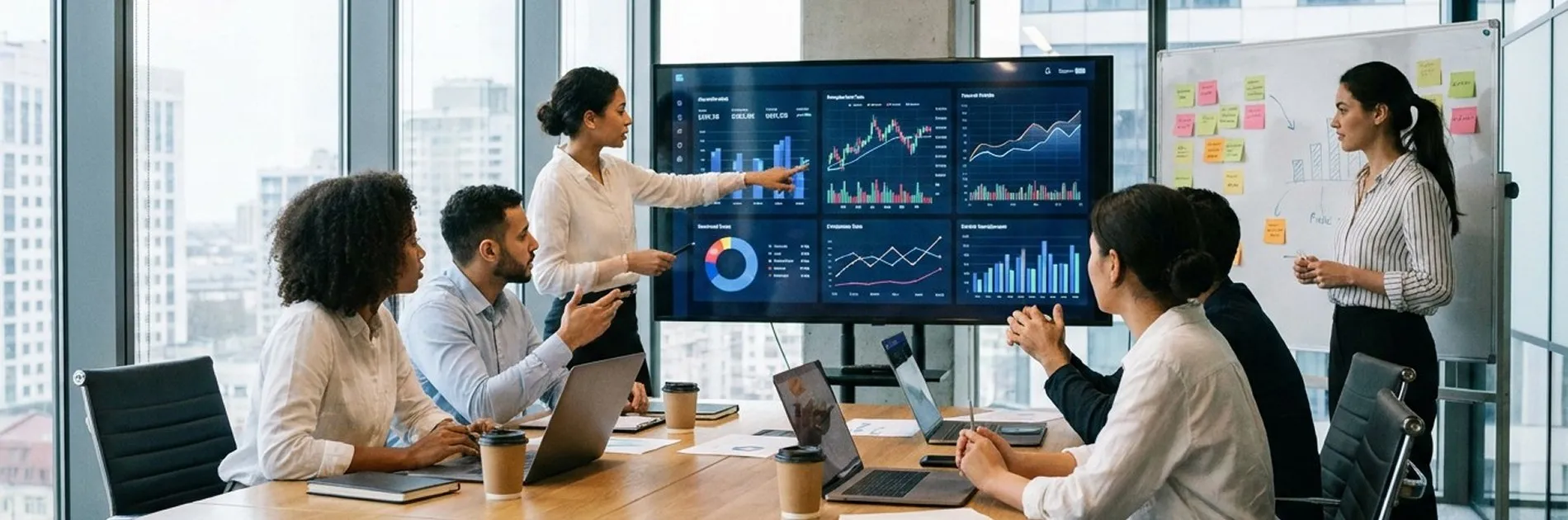 Equipo analizando los indicadores de la empresa en una reunión